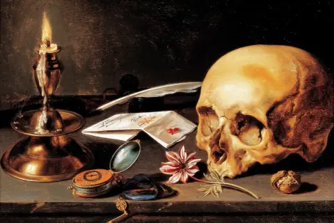 A Dutch still life painting featuring a skull, lit candle, letters, a pocket watch, and a flower, evoking themes of mortality and the passage of time.