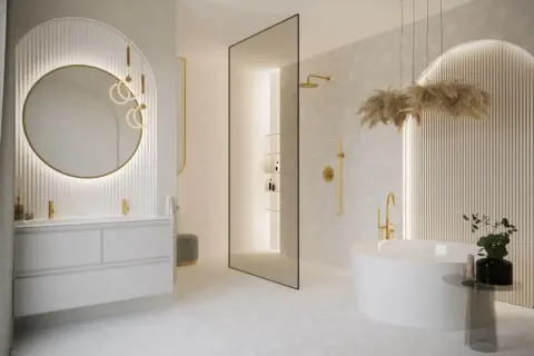 Nowoczesna łazienka z wolnostojącą wanną i podwójną umywalką. Złote baterie i dekoracje dodają elegancji. Idealna inspiracja, jaka umywalka do łazienki.