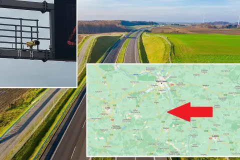 Kamera monitorująca odcinek pomiarowy prędkości S7. Na mapie zaznaczono obszar w okolicach Warszawy.