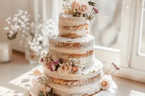 Eine dreistöckige Hochzeitstorte im Vintage-Stil, dekoriert mit zarten Rosen und Schleierkraut, bestäubt mit Puderzucker.