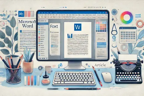 Komputer z programem Microsoft Word, klawiatura, myszka, przybory do pisania i maszyna do pisania. Widoczny podział sekcji Word.