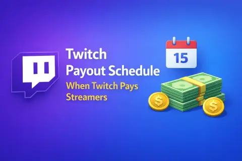 Learn how to get paid on Twitch! This graphic shows the Twitch Payout Schedule, with a calendar marking the 15th and stacks of cash.