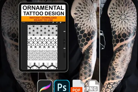 Diseños de tatuajes geométricos en un brazo, con patrones de hexágonos y estrellas. Incluye iconos de Procreate, Photoshop, PDF y PNG.