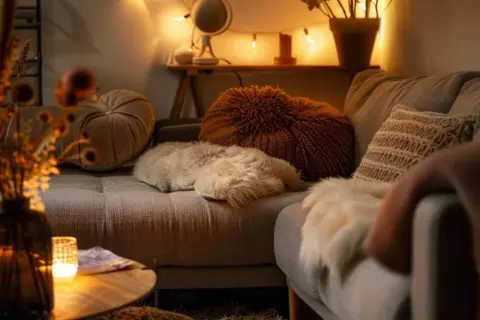 Gemütliches, kleines Schlafzimmer, dunkel und warm beleuchtet. Ein Sofa mit vielen Kissen und Decken lädt zum Entspannen ein.