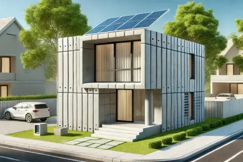 Una moderna casa costruita con stampante 3d, con pannelli solari sul tetto, un'auto bianca parcheggiata e un vialetto in cemento.