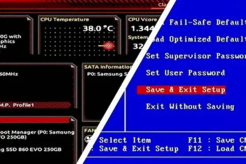 Ekran BIOS/UEFI z informacjami o temperaturze CPU, napięciu, SATA i opcjami zapisu/wyjścia.