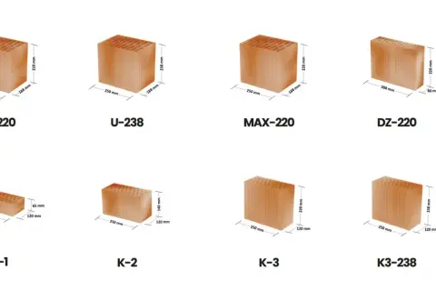 Różne modele bloczków wentylacyjnych z podanymi wymiarami, np. U-238 (250x188x238 mm), MAX-220 (250x188x220 mm).