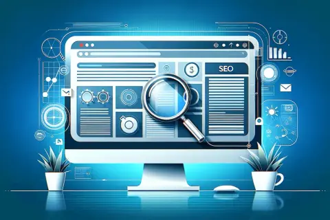 Grafika przedstawia ekran komputera z lupą nad panelem SEO. Analiza danych i statystyk na jednej stronie.