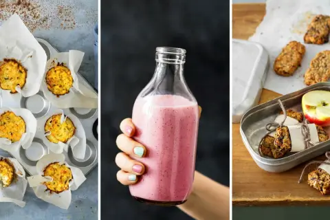 Små muffins, rosa smoothie och hembakade bars med äpple. Perfekta tamarisoja alternativ för en hälsosam fika.