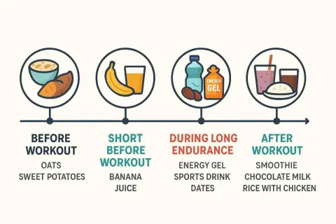 Grafik zeigt, was man vor, während und nach dem Training essen sollte. Schnelle Kohlenhydrate vor dem Training sind wichtig, z.B. Bananen.