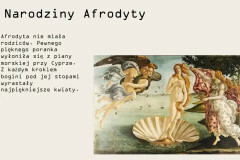 Narodziny Afrodyty, grecka bogini miłości, wyłania się z morskiej piany. Zjawiskowa postać na muszli, otoczona przez bogów i kwiaty.