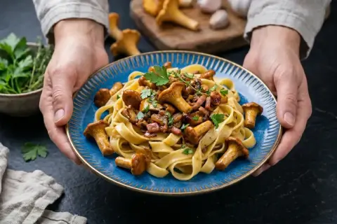 Talerz pełen tagliatelle z kurkami i boczkiem, ozdobiony natką pietruszki. Pyszne danie, które zachwyci każdego smakosza.