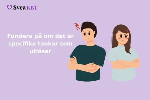 Två arga personer med armarna i kors. Texten lyder: "Fundera på om det specifika tankar som utlöser". Ett mår dåligt psykiskt test.