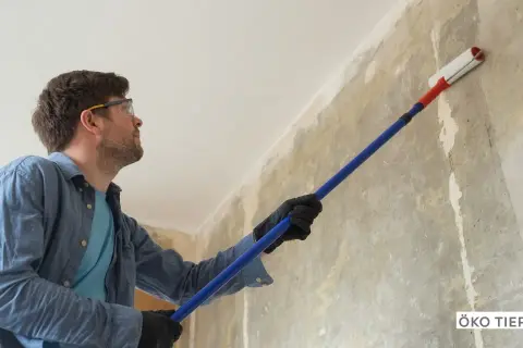 Mann mit Schutzbrille trägt eine Grundierung auf eine rohe Wand auf, um sie für die weitere Bearbeitung vorzubereiten.