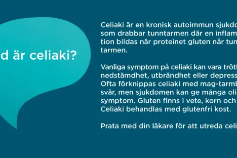 Text om celiaki symtom vuxen. Beskriver sjukdomen, vanliga symptom som trötthet och nedstämdhet, samt glutenfri kost som behandling.