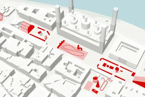 Mapa de la agenda cultural Zaragoza, con iconos rojos que señalan eventos y espacios de interés en un plano isométrico de la ciudad.