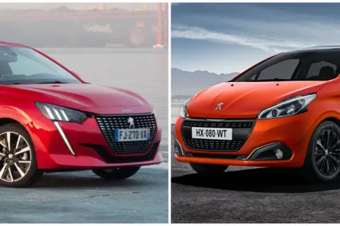 Dwa Peugeot 208, czerwony i pomarańczowy, prezentują swoje przednie części. Wiele osób szuka peugeot 208 opinie przed zakupem.