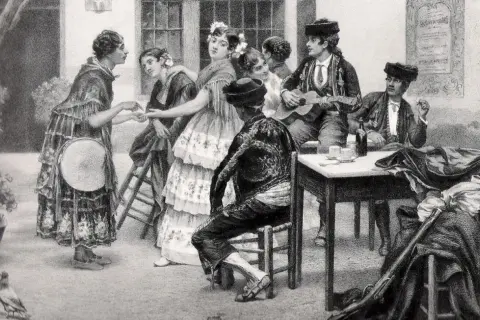Un grupo de personas celebra, con música y baile, quizás así se gestó quien creo el flamenco.