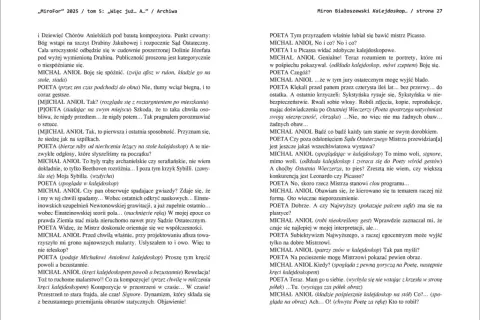 Fragment tekstu z książki "Miron Białoszewski Kalejdoskop", dialog między poetą a Michałem Aniołem o sztuce i inspiracjach.