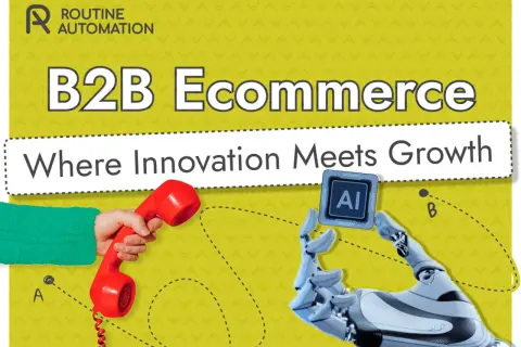 Ręka trzymająca słuchawkę telefoniczną i robot podający chip AI symbolizują innowacje w e-commerce B2B.