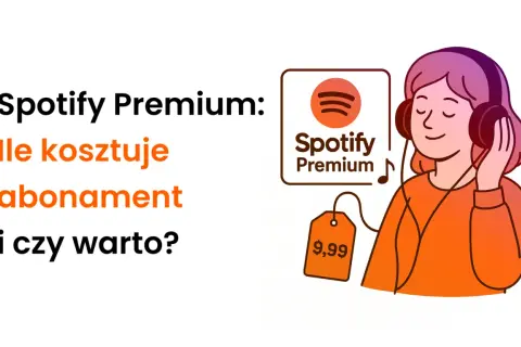 Ilustracja dziewczyny w słuchawkach, logo Spotify Premium i metka z ceną 9,99.