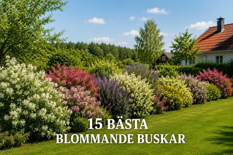 En vacker trädgård med en rad av blommande buskar i olika färger, från vitt och rosa till lila och gult.