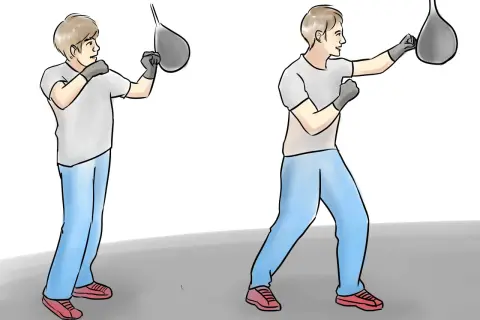 Two figures demonstrate how to hit a speed bag, showing proper stance and punching technique.