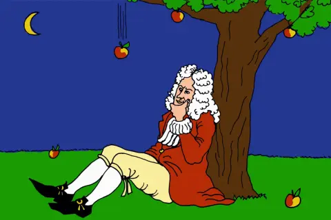 Isaac Newton sitzt unter einem Baum, während ein Apfel fällt. Dies inspirierte sein neuestonsches Gravitationsgesetz.