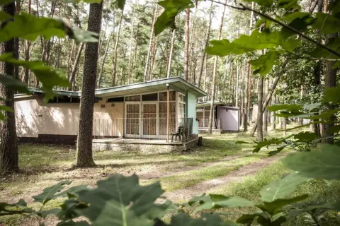 Dawne ośrodki wczasowe w lesie, z małymi domkami i ścieżkami.