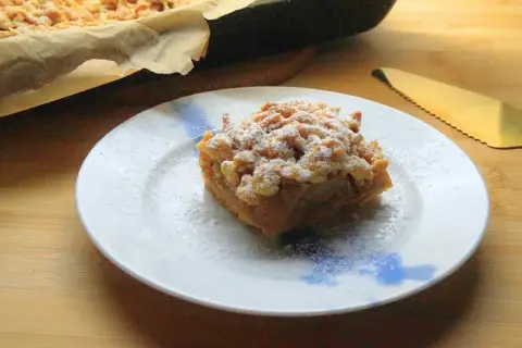 Szybka szarlotka z jabłkami ze słoika, posypana cukrem pudrem, na talerzu. Obok blacha z resztą ciasta i złota łopatka.