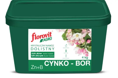 Zielony pojemnik z nawozem dolistnym Florovit Cynko-Bor. Opakowanie zawiera 4 kg produktu, który dostarcza roślinom bor i cynk, wspierając ich wzrost w sadownictwie, rolnictwie i warzywnictwie.