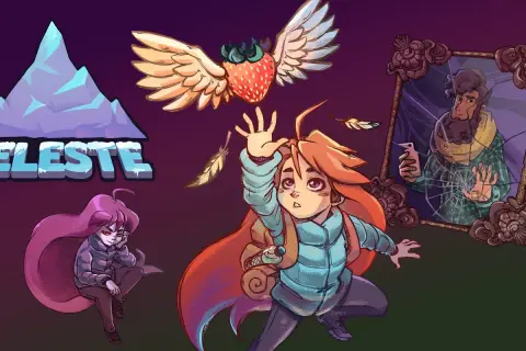 Grafika z gry Celeste: Madeline wspina się, a obok siedzi jej mroczna wersja. W tle latają skrzydlate truskawki i odbicie w lustrze.