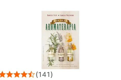 Libro "Guía de la Aromaterapia" con frascos de aceites esenciales y hierbas. Aprende qué son los aceites esenciales y cómo usarlos.