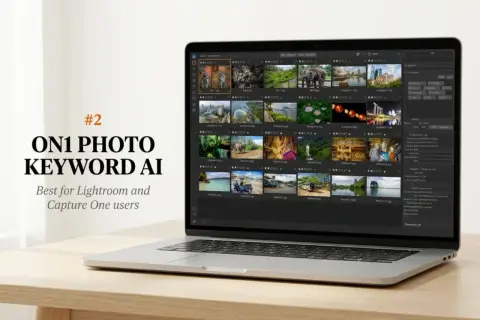 Laptop displaying ON1 Photo Keyword AI, a free AI photo organizer, showcasing a grid of travel photos.