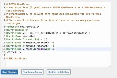 Extrait de fichier .htaccess montrant des directives `RewriteCond` pour la réécriture d'URL WordPress.