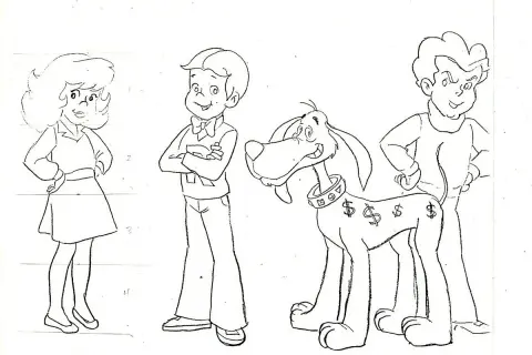 A Richie Rich drawing shows the boy, his girlfriend Gloria, and his dog Dollar, with another boy.