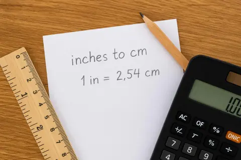 Notatka z kalkulatorem i linijką wyjaśnia, że cal to angielska jednostka długości równa 2,54 cm.