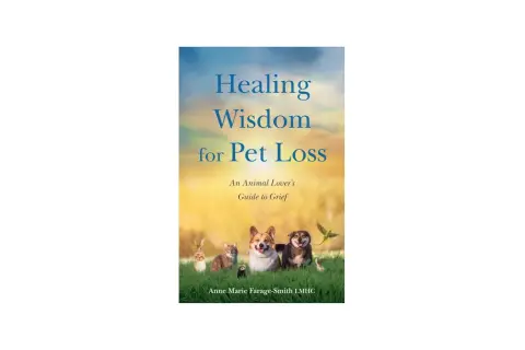 Book cover "Healing Wisdom for Pet Loss" features a group of animals, offering comfort and guidance for pet loss support.