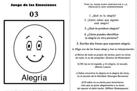 Juego de las Emociones con actividades para trabajar la alegría. Incluye preguntas y citas sobre la emoción.