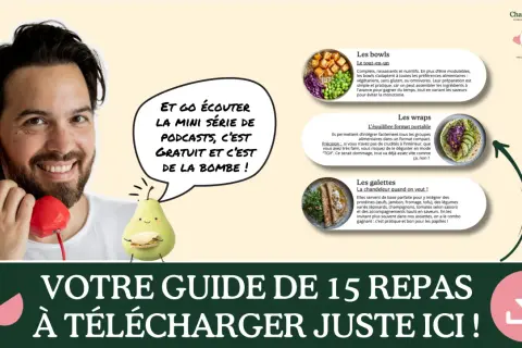Un homme souriant tient un téléphone rouge. Des illustrations de bols, wraps et galettes suggèrent une alimentation équilibrée. Un guide de repas est à télécharger.