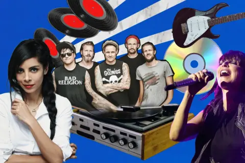 Eine Frau singt ins Mikrofon, während eine Band und Schallplatten im Hintergrund zu sehen sind. Musik für alte deutsche Lieder.