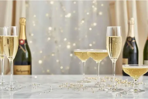 Kieliszki wypełnione musującym **brut champagne** i butelki na tle migoczących światełek. Idealny nastrój na świętowanie.