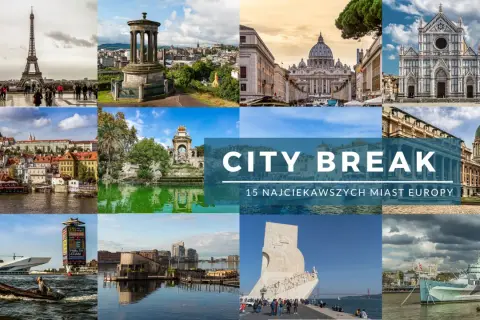 Kolaż zdjęć prezentujący najpiękniejsze miasta Europy: Wieża Eiffla, Watykan, Florencja, Praga, Lizbona i inne.
