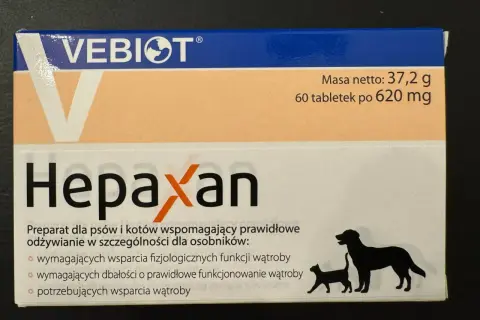 Opakowanie preparatu Hepaxan dla psów i kotów, wspierające wątrobę. 60 tabletek.