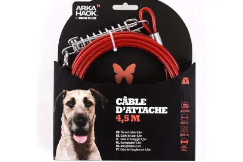 Câble d'attache rouge de 4,5m pour gros chien, avec mousquetons robustes et ressort amortisseur. Idéal pour sécuriser votre compagnon.