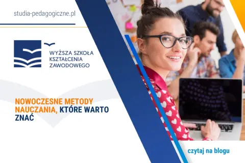 Uśmiechnięta studentka z okularami pracuje przy laptopie. Na ekranie widnieje napis "NOWOCZESNE METODY NAUCZANIA, KTÓRE WARTO ZNAĆ".