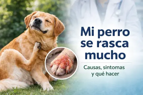 Un perro dorado se rasca la oreja con la pata. Una imagen muestra una pata irritada. "Mi perro se rasca mucho" es el título.