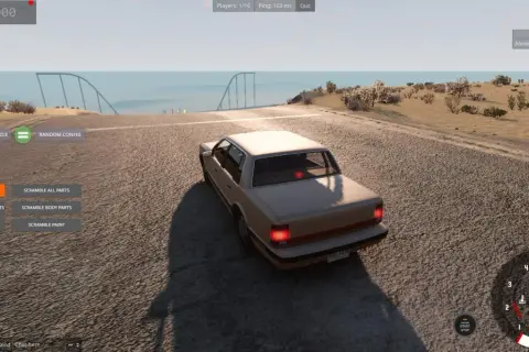 Gra BeamNG.drive na pustynnej mapie, z opcjami "Scramble Everything!" i "Random Vehicle". Sprawdź wymagania gry!