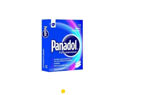 Opakowanie leku Panadol z 12 tabletkami powlekanymi, zawierające paracetamol. Szybko łagodzi ból i nie podrażnia żołądka.
