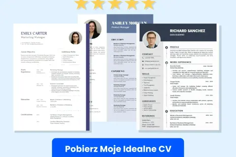 Trzy CV z różnymi kompetencjami: Emily Carter (Marketing Manager), Ashley Morgan (Product Manager) i Richard Sanchez (Data Scientist).